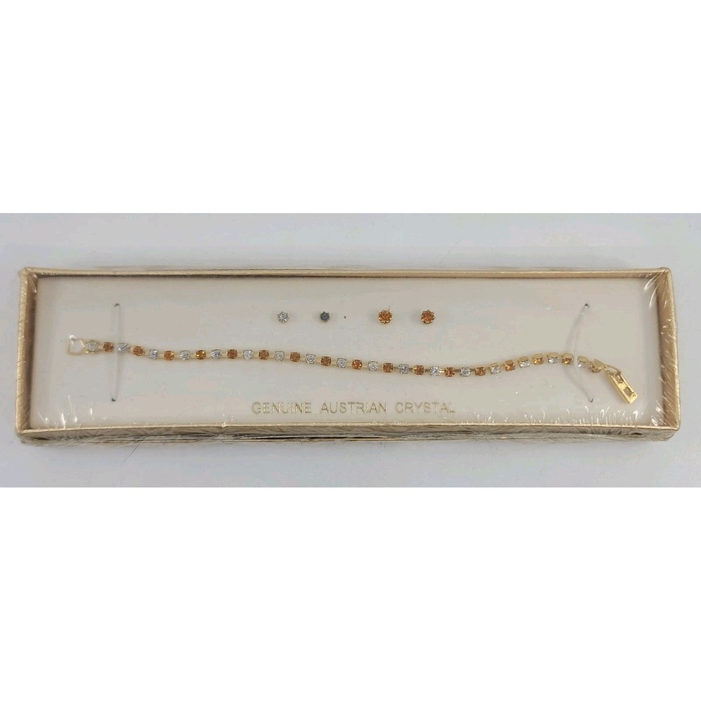 Austrian‎ Crystal Bracelet & Earring Set Yellow And White Gold Tone 7.5" Sealed